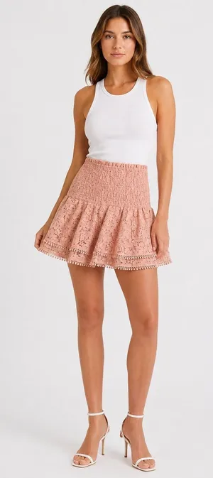 Endless Rose Mini Skirt Women Size M Pink Smocked‎ Lace Ruffle Pom Pom Trim thumbnail 1