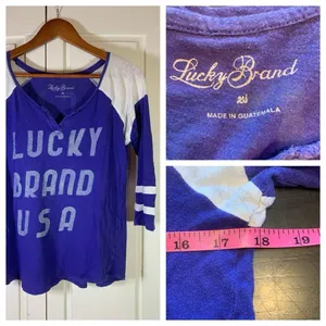 Y2K Lucky Brand Shirt Womens XS‎ Colorblock Purple Sporty 3/4 Sleeve READ thumbnail 2