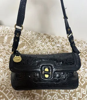 Brahmin Black Croc-Embossed Shoulder Bag with Gold Hardware thumbnail 1