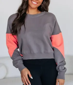 Mono B cropped Gray and coral color block Relaxed Fit Sweatshirt. Large thumbnail 1