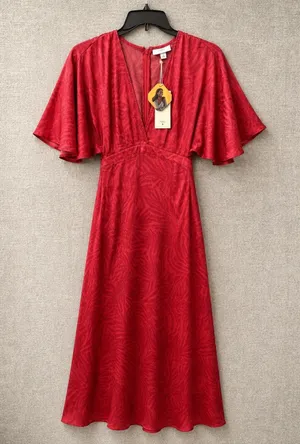 Fe Noel Target Women Dress 0 Red Jacquard Palm Flutter Sleeve V-Neck Midi thumbnail 1