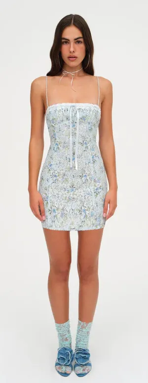 For Love & Lemons Small $198 Claire Lace Floral Mini Dress Lace Ribbon Bow thumbnail 1