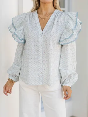 Shop The Mint Rendezvous Medallion Blouse block print top ruffle floral lace thumbnail 4