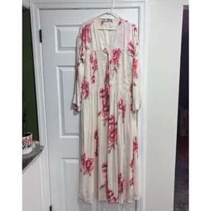 Free People Bright Blooms Maxi Robe M Boho Floral Tie Front Flowy Duster Kimono thumbnail 4