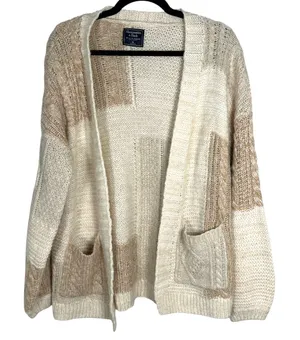 Abercrombie & Fitch Beige Cream Cableknit Wool Alpaca Blend Cardigan Medium thumbnail 1