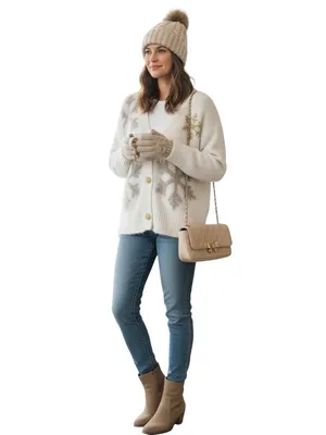 33 Degrees Ivory Snowflake Eyelash Knit Cardigan Gold Buttons Women’s Medium EUC thumbnail 2