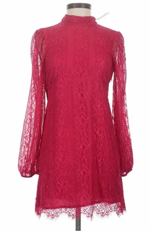 Anthropologie Lace Long-Sleeve High-Neck Dress in Fuchsia thumbnail 1