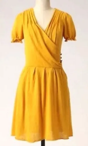 Anthropologie By Moth Mustard Sweater Wrap Puff Sleeve Mini Dress Pockets XS thumbnail 1
