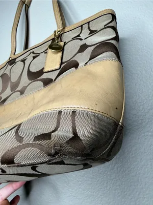 COACH Y2K Vintage Signature Monogram Metallic Tan Leather Stripe Tote Bag Preppy thumbnail 9
