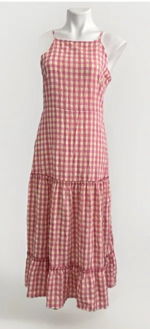 Nanette Lepore Gingham Plaid Crinkle Tiered Midi Dress 10 Pink Yellow NWOT thumbnail 1