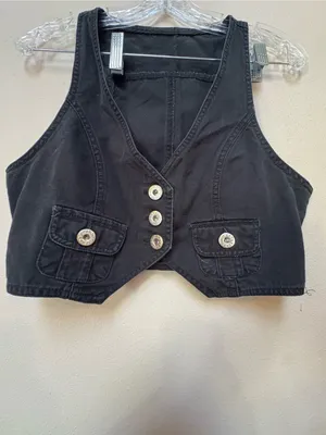 Y2K Style Washed Black Military Vest Medium Cropped Gold Button Utility thumbnail 6