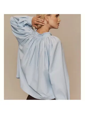 Maeve Anthropologie Pleated Trapeze Blouse Puff Sleeve Light Blue Women’s Small thumbnail 14