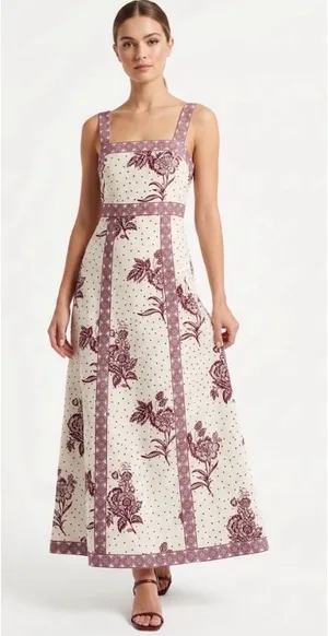 Cottagecore Cotton Linen Block Print Floral Polka Dot Maxi Dress Boho Tulip C. thumbnail 1