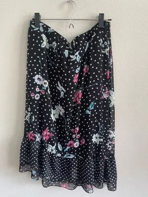 Floral Polka Dot Midi Skirt - Black with Pink & Mint Flowers Size XL thumbnail 4