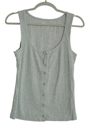 Aerie Size Medium Grey Ribbed Scoopneck Lace Trimmed Button Front Girly Layering thumbnail 1