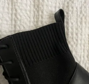 Pointed laced tie faux leather contrast pull on knit ankle boots thumbnail 6