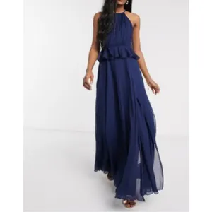 ASOS Navy Chiffon Ruffle Waist Halter Sleeveless Lined Maxi Dress Size 10 thumbnail 2