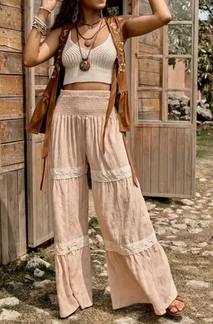 Boutique Boho Chic Crochet Lace Tiered Wide Leg Textured Palazzo Pants Coastal Cowgirl L thumbnail 1