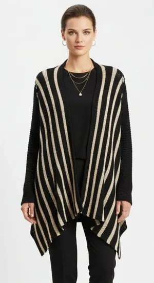 Free People Black & Tan Striped Knit Long Sleeve Snap Duster Cardigan Sweater S thumbnail 1