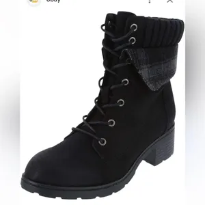 - Brash black lace up heel treaded boots with plaid trim size 7.5 thumbnail 2