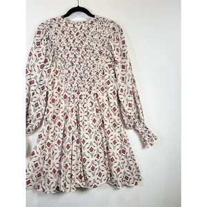 ZARA Mini Dress Beige Floral Puff Sleeve V Neck Lace Up Ruffle A Line Boho XS thumbnail 10