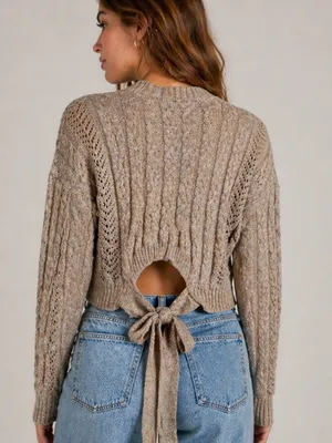 Windsor Cable Knit Sweater Open Back Tie Cropped Taupe Neutral Fall Top Medium thumbnail 2