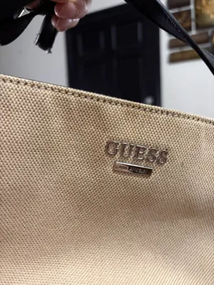GUESS Beige Canvas Tote with Black Handles and Silver Logo thumbnail 2