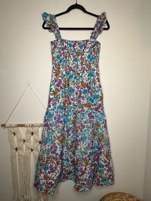 Anthropologie Roller Rabbit Dress Blomst Doe Silk Cotton Floral Shirred Sundress thumbnail 6