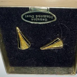 Vintage Van Doran Genuine Diamond Dust Gold Tone Clip Earrings Black New In Box thumbnail 2