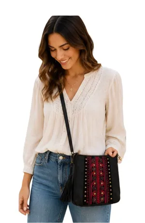 Lucky Brand Leather Crossbody Purse Black Red Embroidered Boho Tassel EUC thumbnail 1