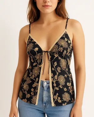 Victoria’s Secret Black Gold Floral Satin Open-Front lace trimTop Slip dress Sp thumbnail 1