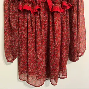 Free People Dress Pennie Babydoll Mini Red Floral Chiffon Boho Open Back… thumbnail 4