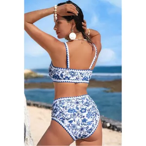 Womens Blue White Floral High Waisted Bikini Set Scallop Trim XL thumbnail 2