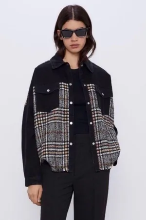 ZARA Contrast Black Denim & Tweed Plaid Mix Snaps Outer Jacket Shaket Size Large thumbnail 1