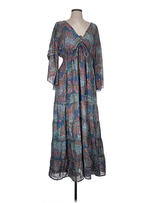L Boemo Women’s Blue Paisley Animal Tiered Bohemian Maxi Dress Smocked Waist thumbnail 4