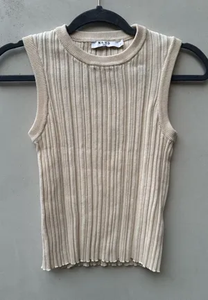 NA-KD Ribbed Knit Tank Top Cream Sleeveless Crew Neck Stretch M Minimalist thumbnail 1
