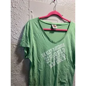Harley Davidson You Should Be So Lucky Green V-Neck T-Shirt Woman’s Size Large thumbnail 3