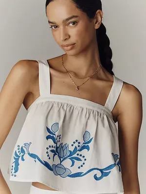 Anthropologie White Cotton Cutwork Embroidered Cropped Scoop Neck Top Size S thumbnail 1