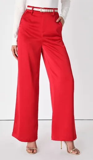Lulus Modern Approach Red Satin Wide-Leg Pants High Rise Festive Large NWT thumbnail 1