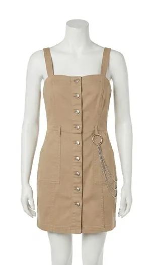 H&M Divided Tan Twill Button Front Pinafore Mini Dress Chain Grunge Y2K Size S thumbnail 1