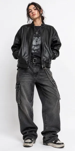 Bradley Bayou Womens Black Leather Jacket Coat Size Large Zip Retro Grunge thumbnail 1