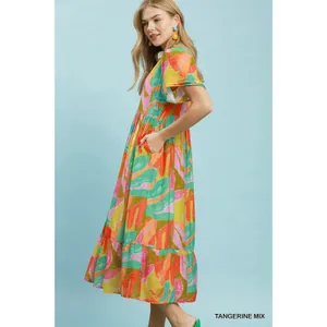 Umgee Abstract Tropical Print Tiered Midi Dress - Tangerine Mix - Small thumbnail 2