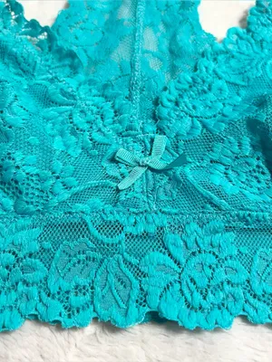 Teal Blue Lace Racerback Bralette Size Medium Aqua Wireless Comfort Lacy Stretch thumbnail 5