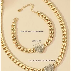 Gold Plated Chain Necklace & Bracelet Set With Rhinestone Heart thumbnail 2