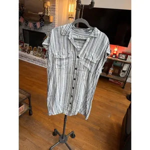 Madewell Utility Mini Shirtdress striped linen fabric and a button-front Large thumbnail 2