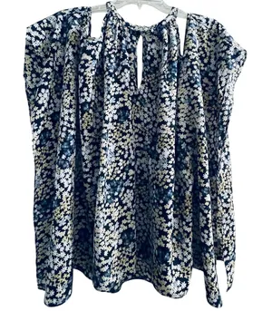 Michael Kors‎ Floral Cold Shoulder Chain Halter Neck Blouse Navy Blue Cream L thumbnail 1
