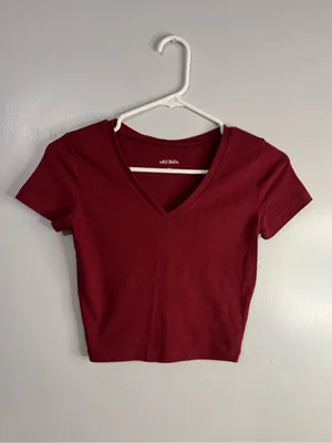 Wild Fable Burgundy V-Neck Short Sleeve Crop Top Size XS thumbnail 8