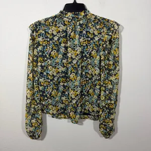 Loft Blue Yellow Floral Smocked High Neck Ruffled Long Sleeve Blouse Womens XS thumbnail 6