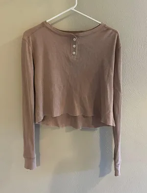 Wild Fable Pink Mauve Waffle Henley Long Sleeve Crop Top thumbnail 1