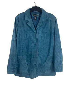 Vintage Dialogue Teal Blue Suede Leather Jacket Women’s M 90s Y2K Washable READ thumbnail 1